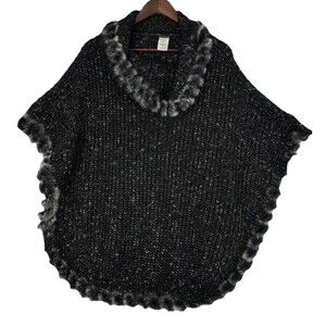 Melanie Lyne Black Knit Fur Trim Cowl Neck Poncho Sweater One Size